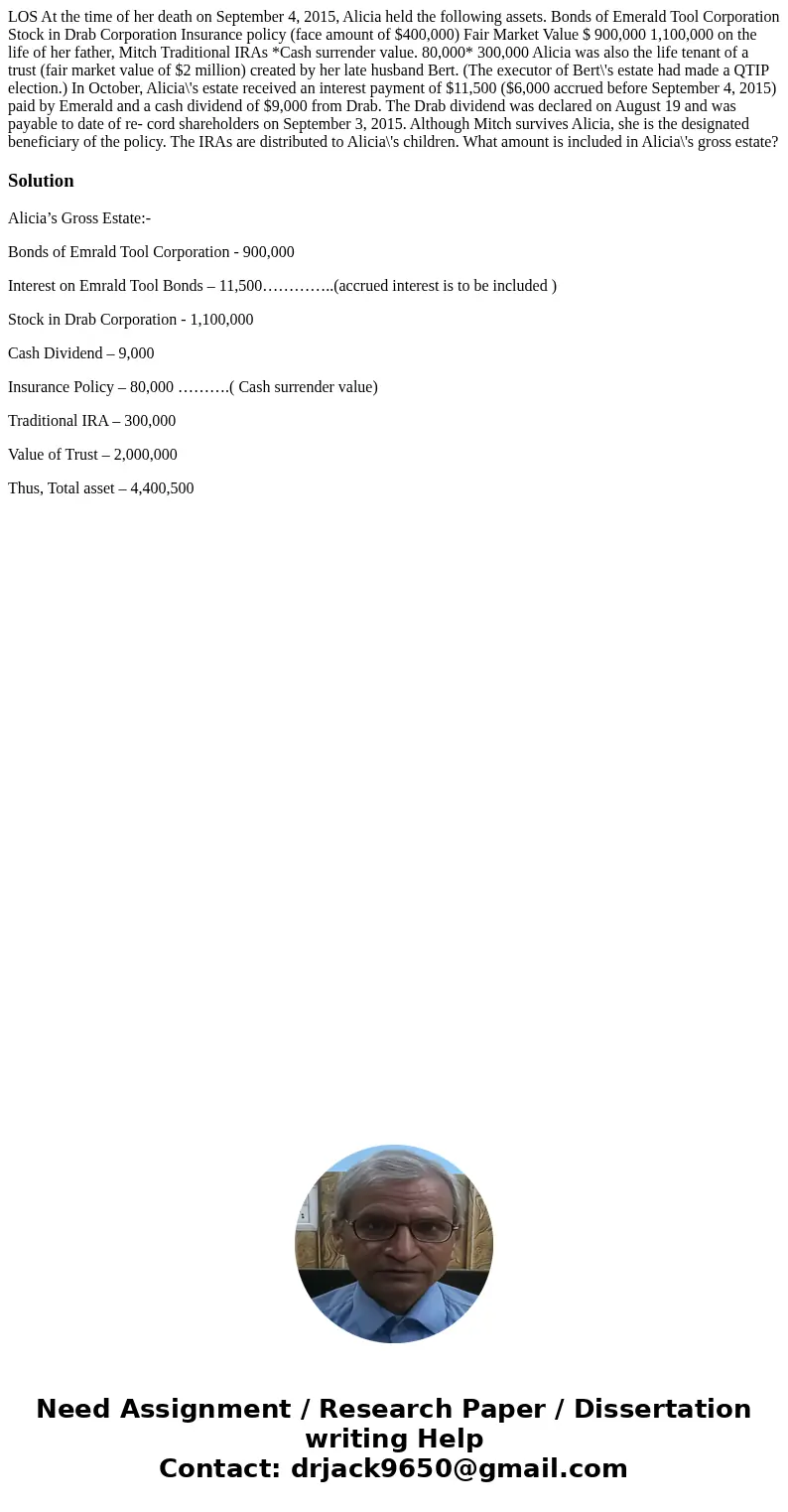 LOS At the time of her death on September 4, 2015, Alicia held the following assets. Bonds of Emerald Tool Corporation Stock in Drab Corporation Insurance poli  LOS At the time of her death on September 4, 2015, Alicia held the following assets. Bonds of Emerald Tool Corporation Stock in Drab Corporation Insurance poli