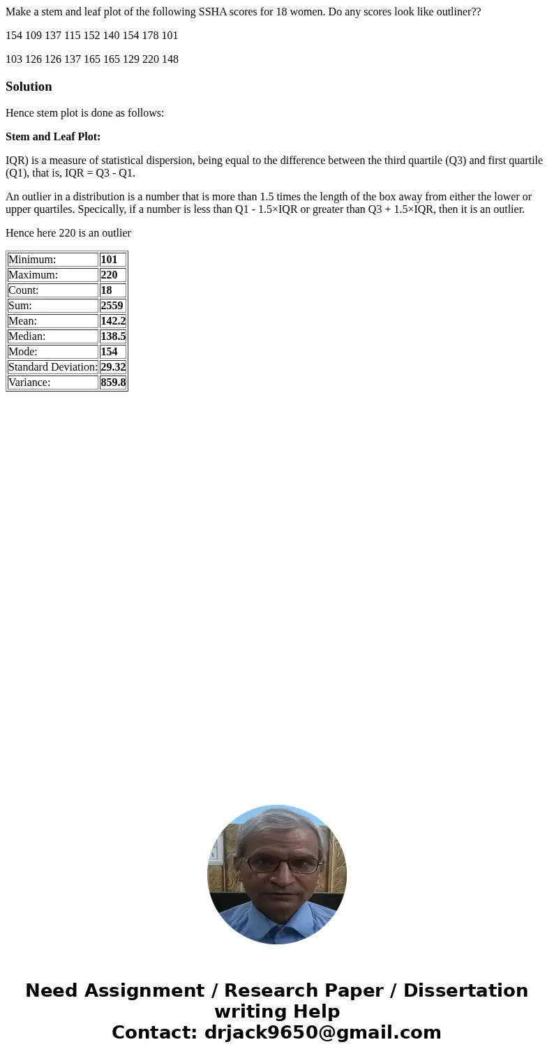 Make a stem and leaf plot of the following SSHA scores for 18 women. Do any scores look like outliner?? 154 109 137 115 152 140 154 178 101 103 126 126 137 165  Make a stem and leaf plot of the following SSHA scores for 18 women. Do any scores look like outliner?? 154 109 137 115 152 140 154 178 101 103 126 126 137 165