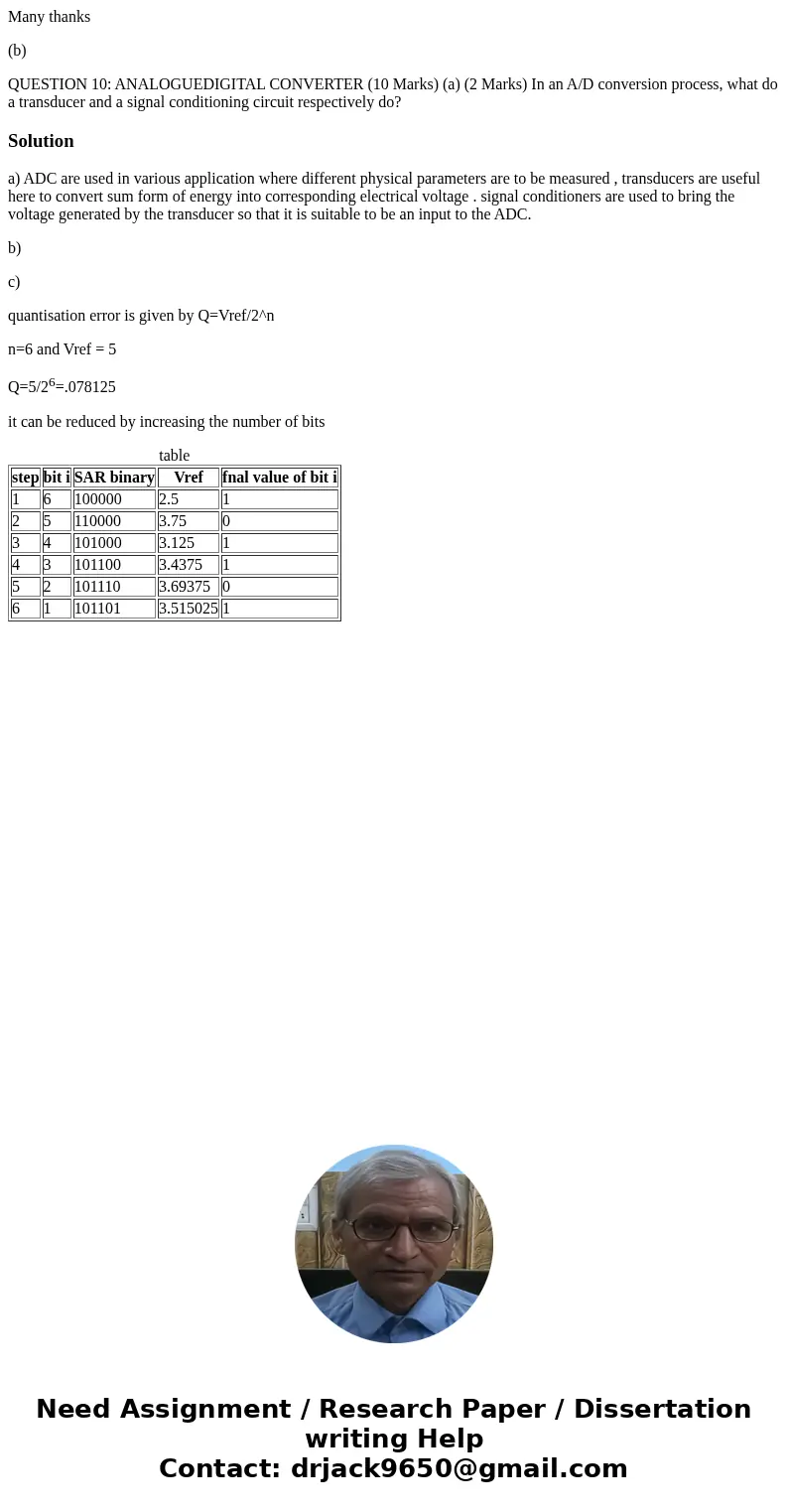 Many thanks (b) QUESTION 10: ANALOGUEDIGITAL CONVERTER (10 Marks) (a) (2 Marks) In an A/D conversion process, what do a transducer and a signal conditioning cir
