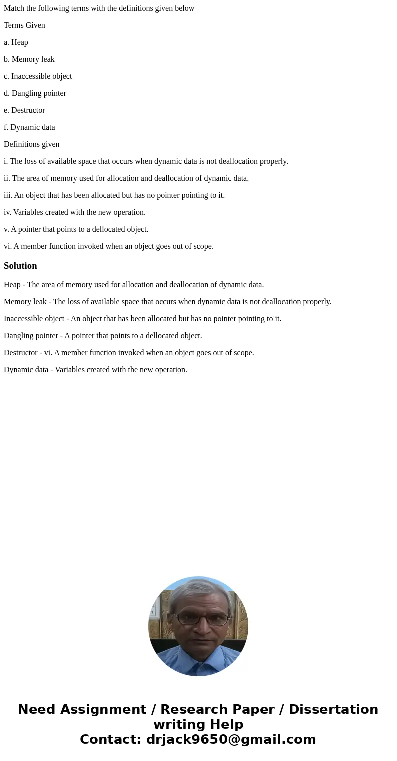 Match the following terms with the definitions given below Terms Given a. Heap b. Memory leak c. Inaccessible object d. Dangling pointer e. Destructor f. Dynami