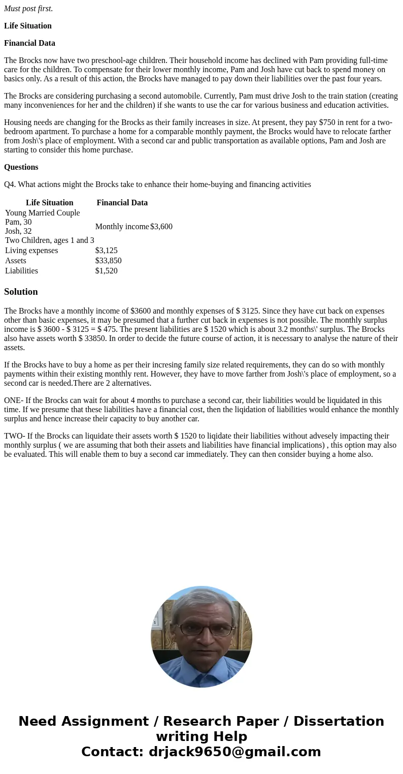 Must post first. Life Situation Financial Data The Brocks now have two preschool-age children. Their household income has declined with Pam providing full-time 