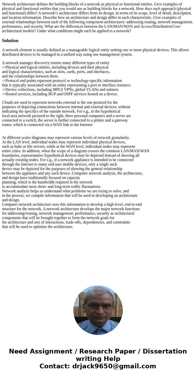 Network architecture defines the building blocks of a network as physical or functional entities. Give examples of physical and functional entities that you wo  Network architecture defines the building blocks of a network as physical or functional entities. Give examples of physical and functional entities that you wo