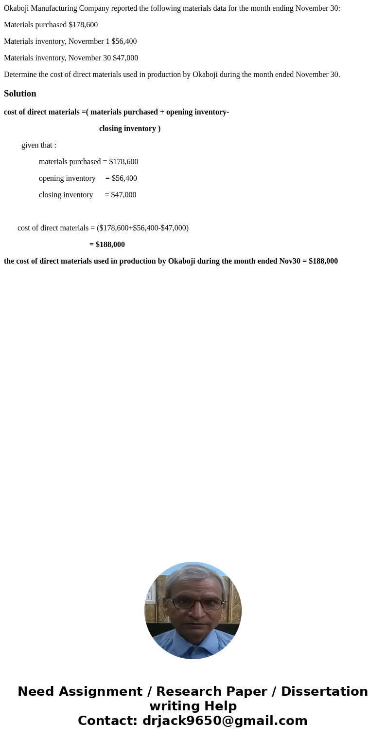 Okaboji Manufacturing Company reported the following materials data for the month ending November 30: Materials purchased $178,600 Materials inventory, Novermbe Okaboji Manufacturing Company reported the following materials data for the month ending November 30: Materials purchased $178,600 Materials inventory, Novermbe