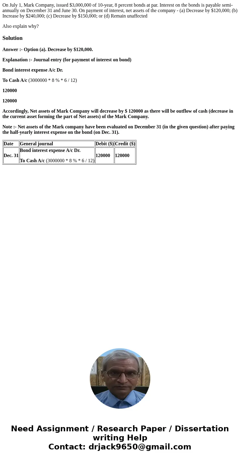 On July 1, Mark Company, issued $3,000,000 of 10-year, 8 percent bonds at par. Interest on the bonds is payable semi-annually on December 31 and June 30. On pay On July 1, Mark Company, issued $3,000,000 of 10-year, 8 percent bonds at par. Interest on the bonds is payable semi-annually on December 31 and June 30. On pay