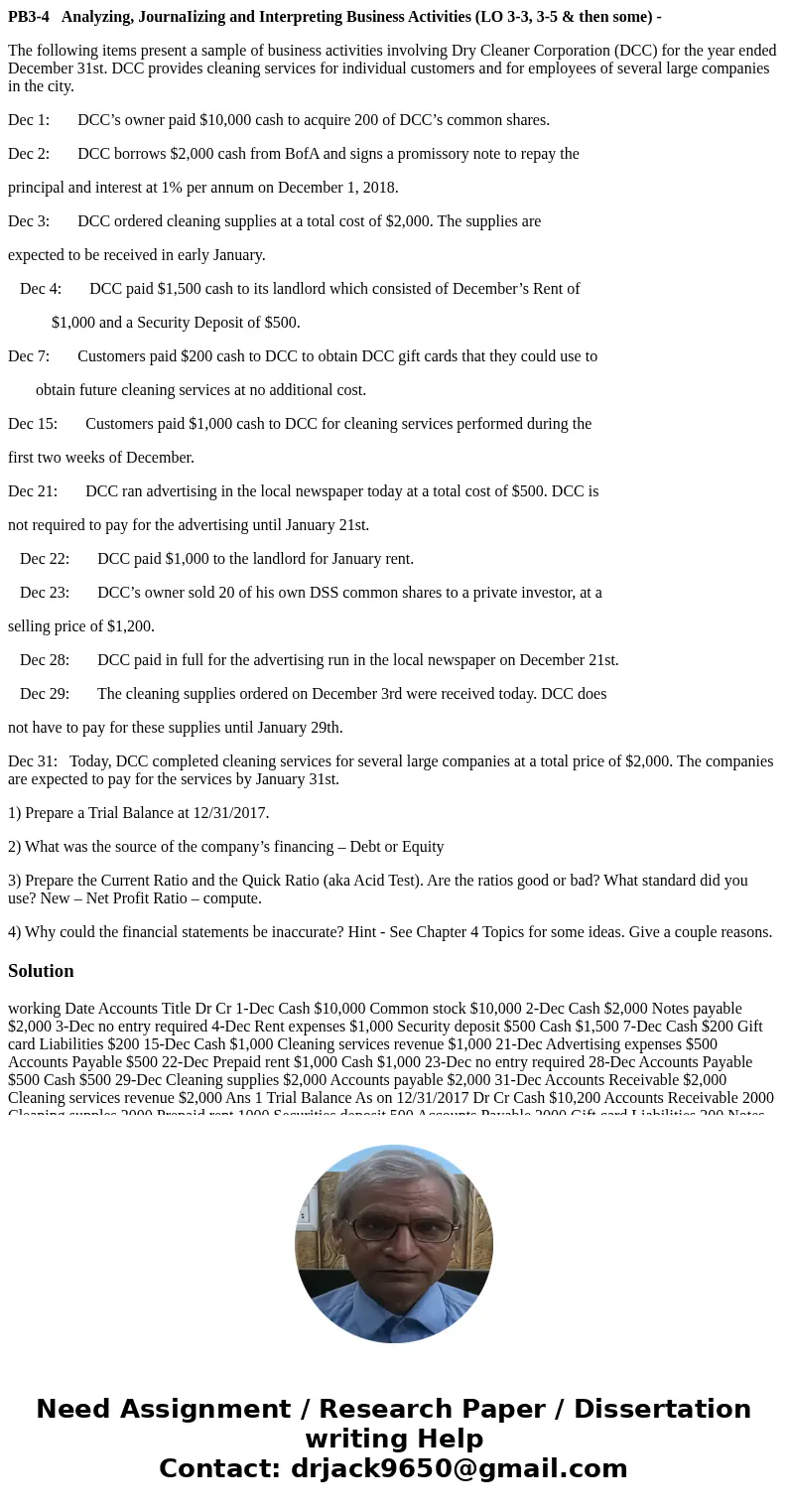 PB3-4 Analyzing, JournaIizing and Interpreting Business Activities (LO 3-3, 3-5 & then some) - The following items present a sample of business activities i