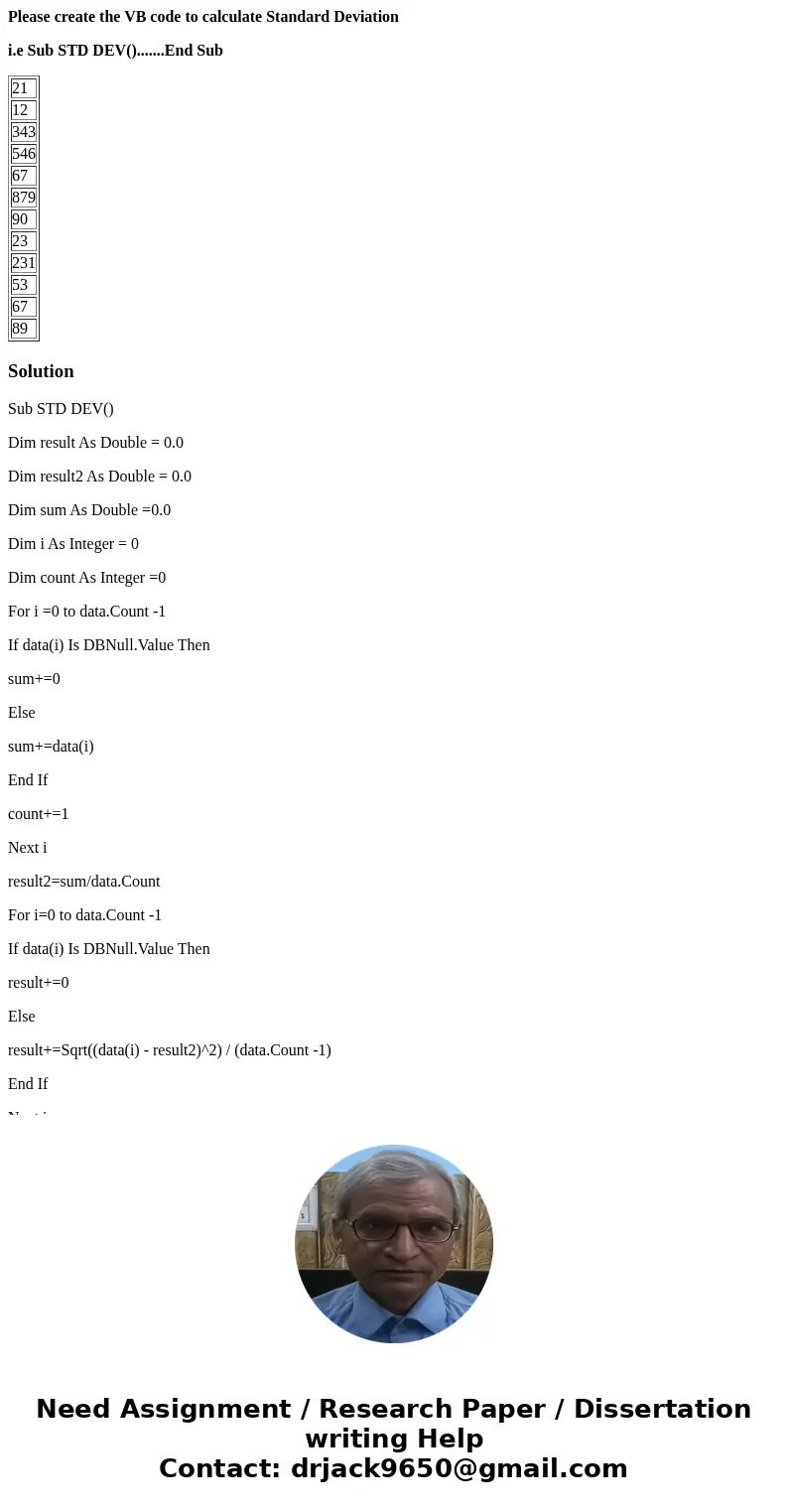 Please create the VB code to calculate Standard Deviation i.e Sub STD DEV().......End Sub 21 12 343 546 67 879 90 23 231 53 67 89 SolutionSub STD DEV() Dim resu Please create the VB code to calculate Standard Deviation i.e Sub STD DEV().......End Sub 21 12 343 546 67 879 90 23 231 53 67 89 SolutionSub STD DEV() Dim resu