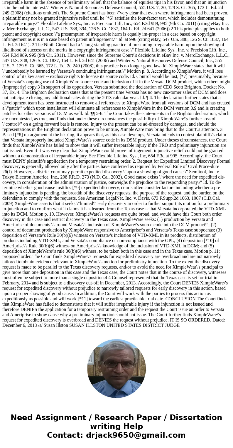 please read Ximpleware Corp. v. Versata Software, Inc. Et Al, 2013 U.S. Dist. Lexis 172411. I\'ve included the case below. Be sure to read the case and then bri