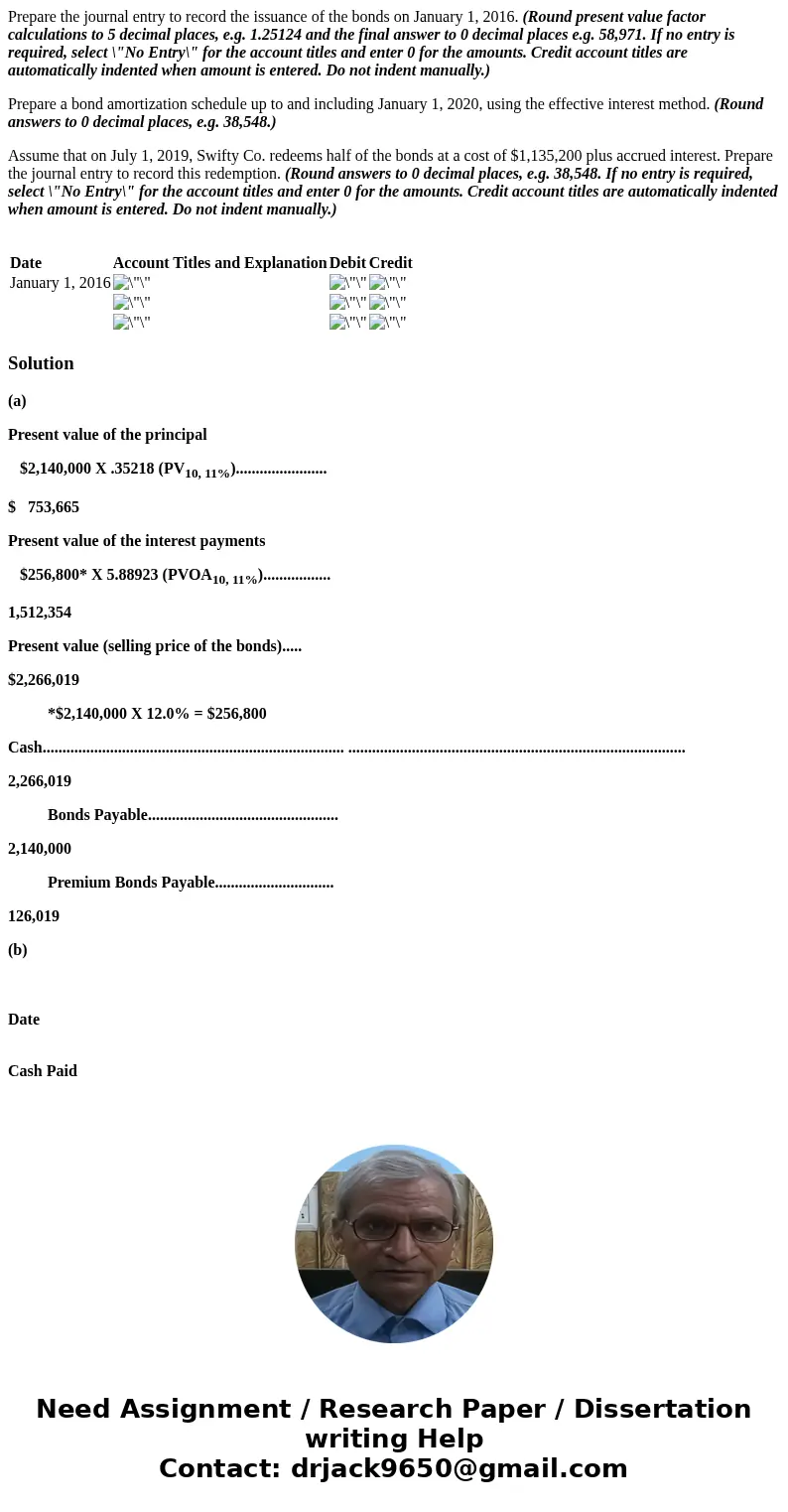  Prepare the journal entry to record the issuance of the bonds on January 1, 2016. (Round present value factor calculations to 5 decimal places, e.g. 1.25124 an