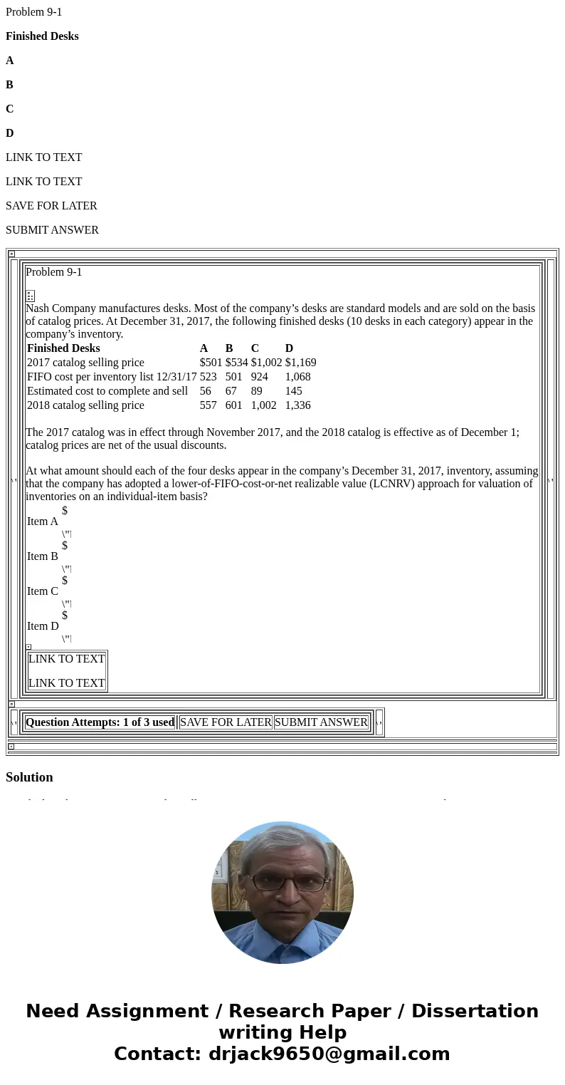 Problem 9-1 Finished Desks A B C D LINK TO TEXT LINK TO TEXT SAVE FOR LATER SUBMIT ANSWER Problem 9-1 Nash Company manufactures desks. Most of the company’s des