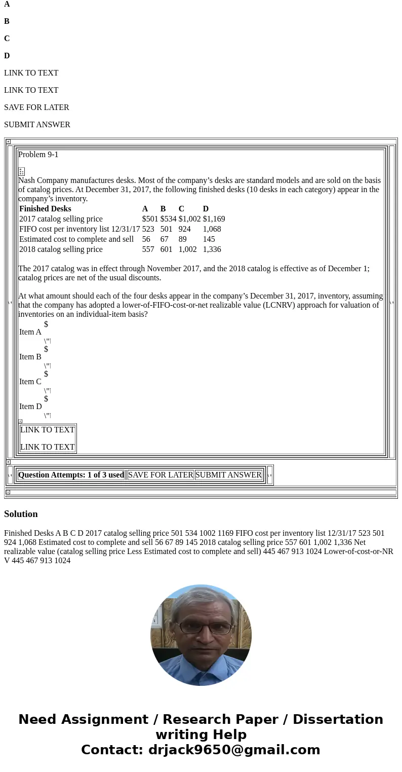 Problem 9-1 Finished Desks A B C D LINK TO TEXT LINK TO TEXT SAVE FOR LATER SUBMIT ANSWER Problem 9-1 Nash Company manufactures desks. Most of the company’s des