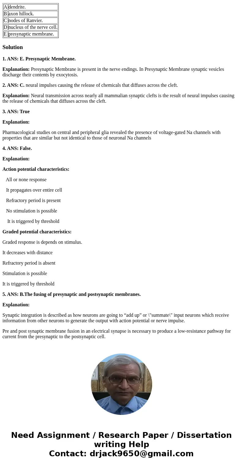 Question 1 : Synaptic vesicles discharge their contents by exocytosis at the A dendrite. B axon hillock. C nodes of Ranvier. D nucleus of the nerve cell. E pres Question 1 : Synaptic vesicles discharge their contents by exocytosis at the A dendrite. B axon hillock. C nodes of Ranvier. D nucleus of the nerve cell. E pres