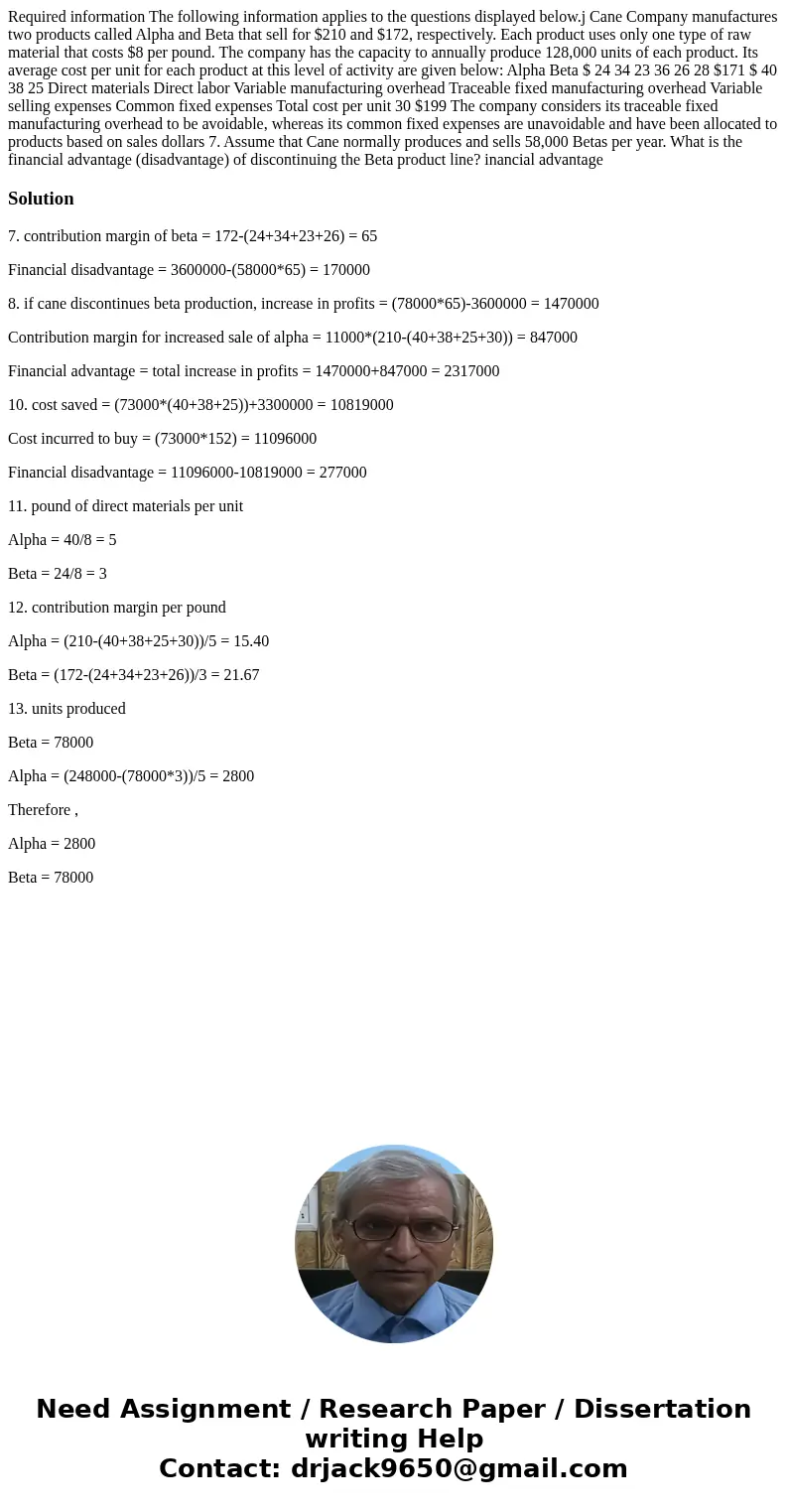  Required information The following information applies to the questions displayed below.j Cane Company manufactures two products called Alpha and Beta that sel