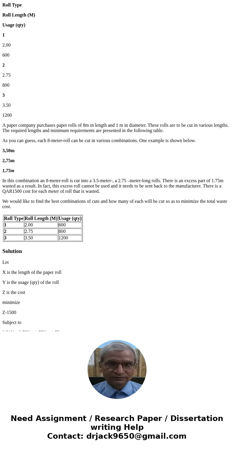 Roll Type Roll Length (M) Usage (qty) 1 2.00 600 2 2.75 800 3 3.50 1200 A paper company purchases paper rolls of 8m in length and 1 m in diameter. These rolls a