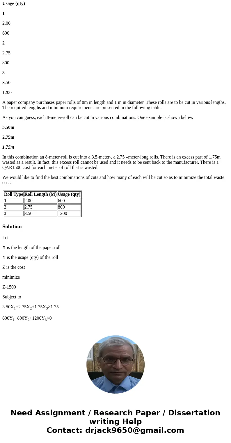 Roll Type Roll Length (M) Usage (qty) 1 2.00 600 2 2.75 800 3 3.50 1200 A paper company purchases paper rolls of 8m in length and 1 m in diameter. These rolls a