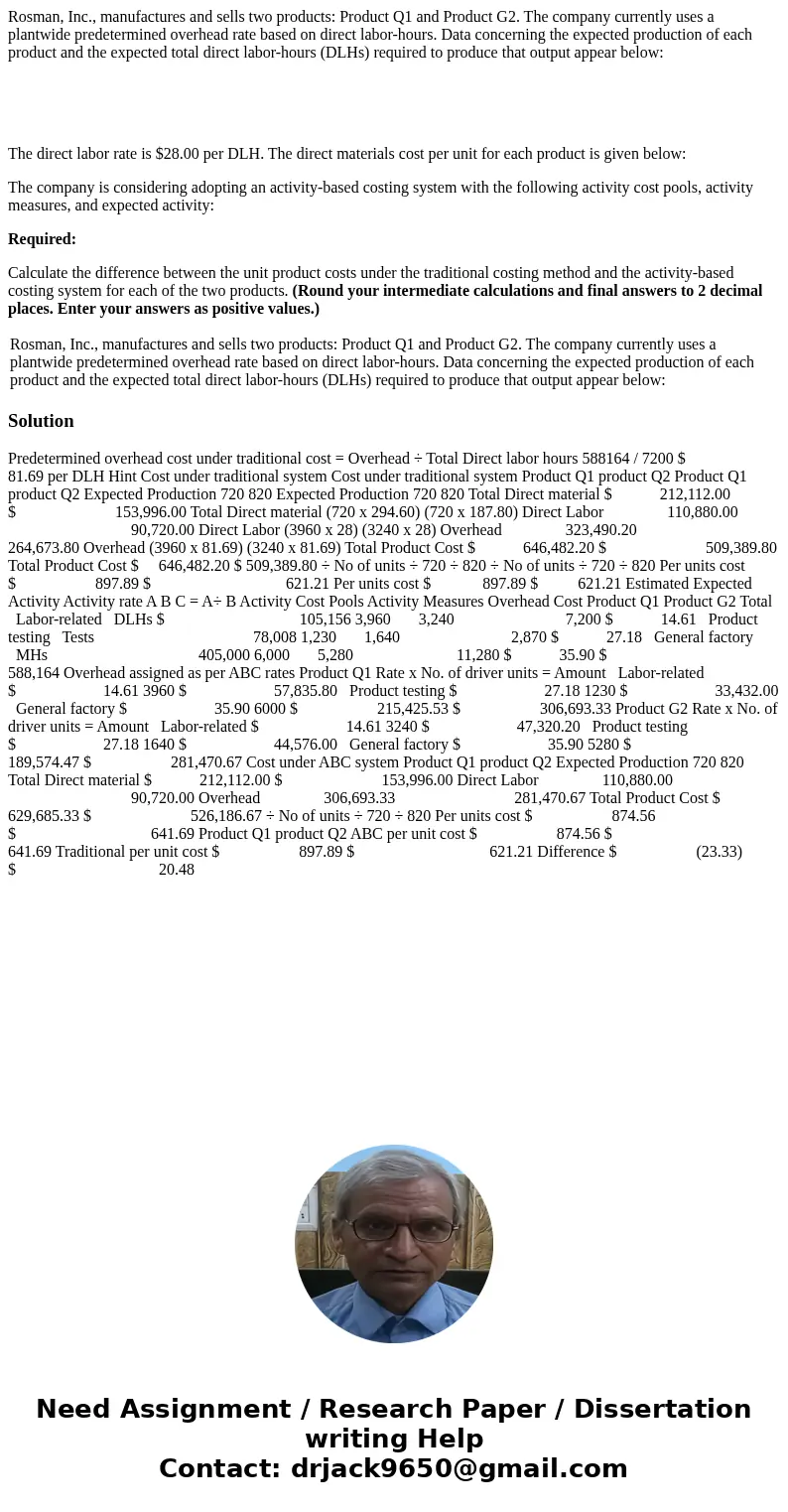 Rosman, Inc., manufactures and sells two products: Product Q1 and Product G2. The company currently uses a plantwide predetermined overhead rate based on direct