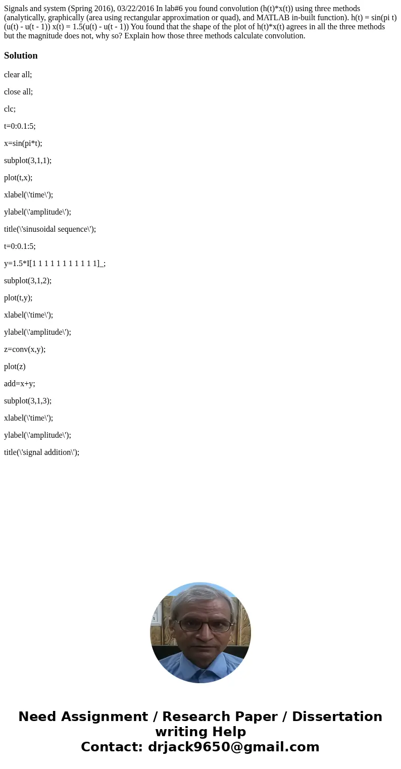  Signals and system (Spring 2016), 03/22/2016 In lab#6 you found convolution (h(t)*x(t)) using three methods (analytically, graphically (area using rectangular 
