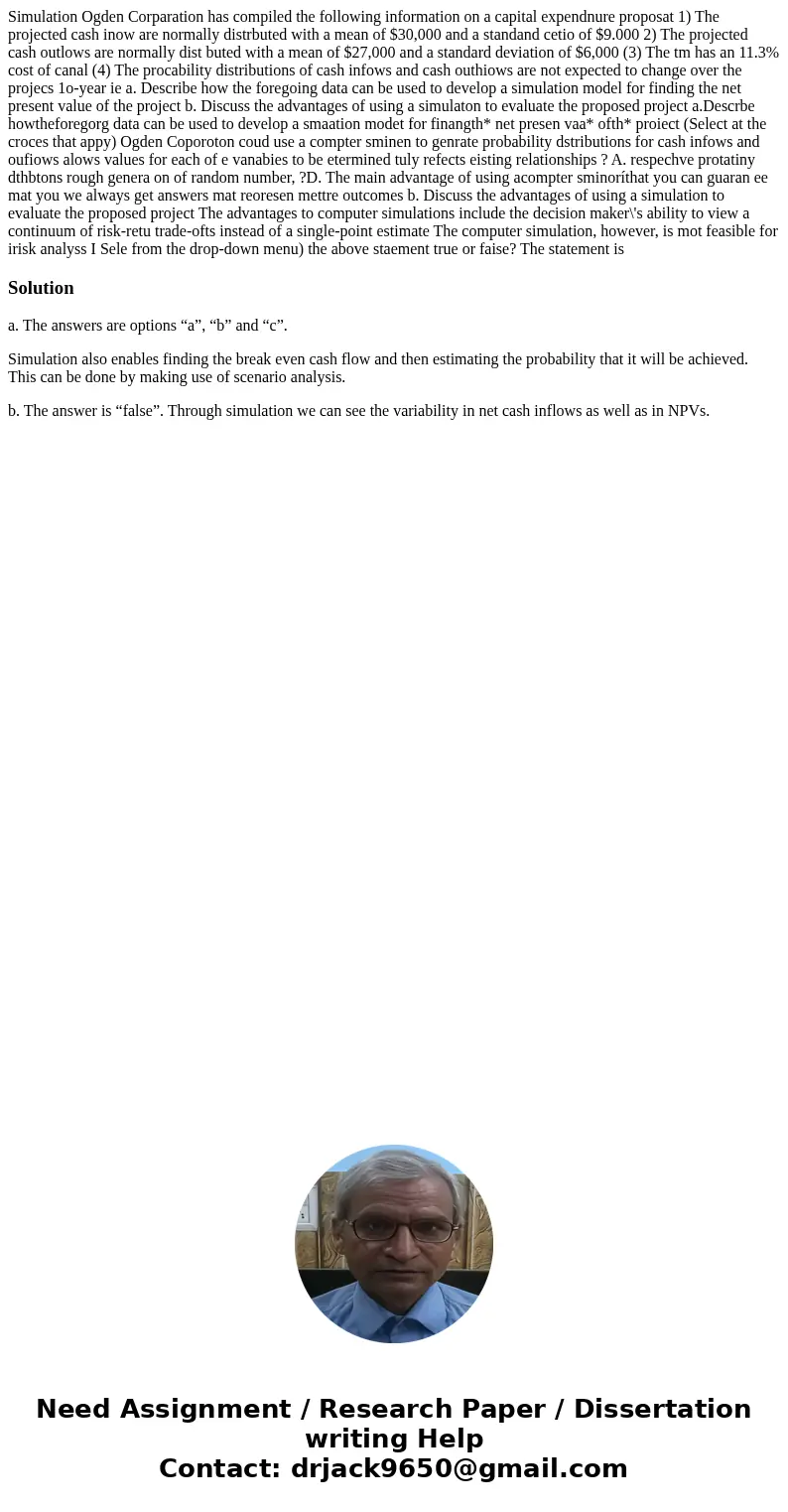  Simulation Ogden Corparation has compiled the following information on a capital expendnure proposat 1) The projected cash inow are normally distrbuted with a 