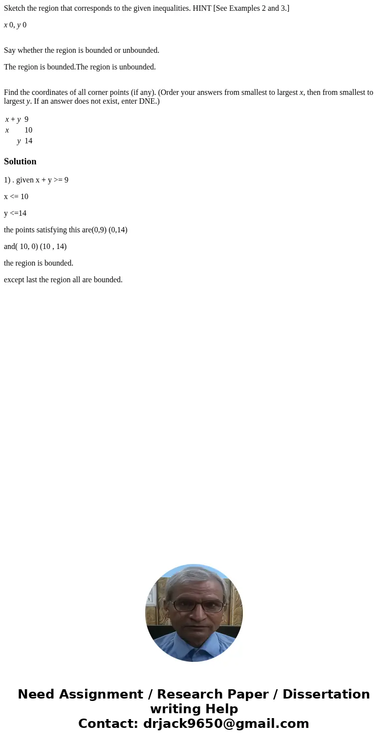 Sketch the region that corresponds to the given inequalities. HINT [See Examples 2 and 3.] x 0, y 0 Say whether the region is bounded or unbounded. The region i