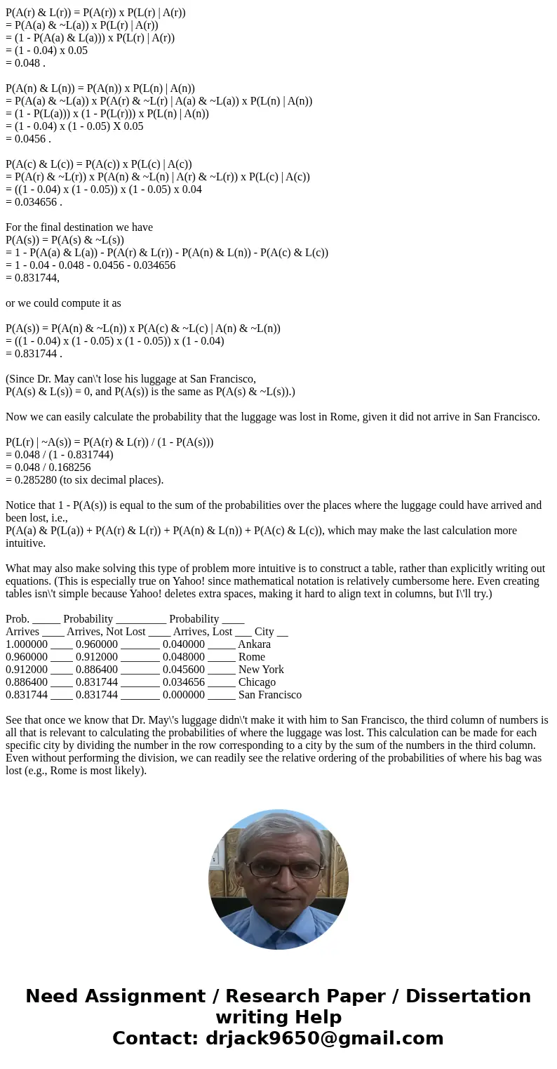 Suppose that an airplane passenger whose itinerary requires a change, of airplanes in Ankara, Turkey, has a 4% chance, independently, of losing each piece of hi