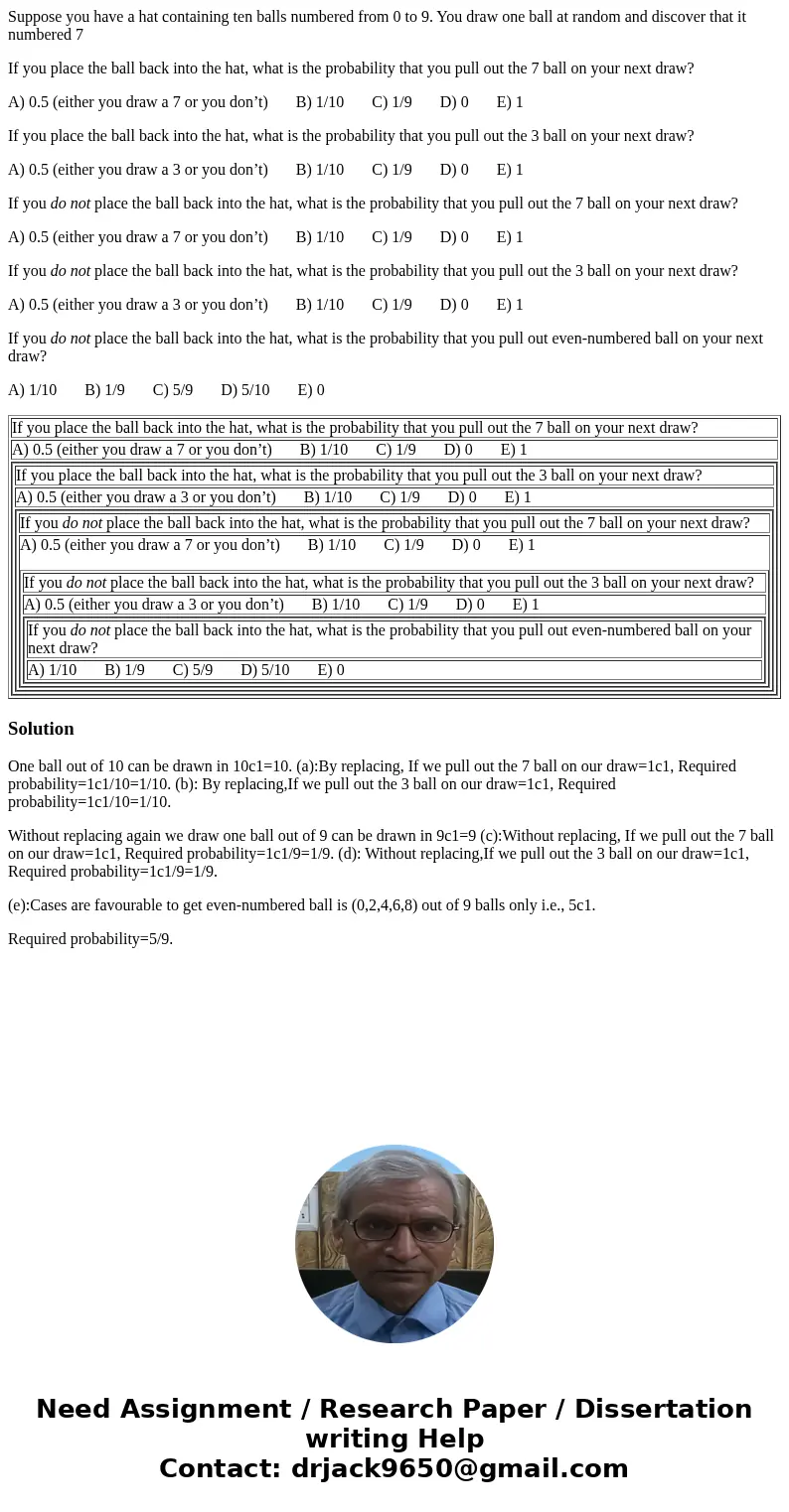 Suppose you have a hat containing ten balls numbered from 0 to 9. You draw one ball at random and discover that it numbered 7 If you place the ball back into th Suppose you have a hat containing ten balls numbered from 0 to 9. You draw one ball at random and discover that it numbered 7 If you place the ball back into th