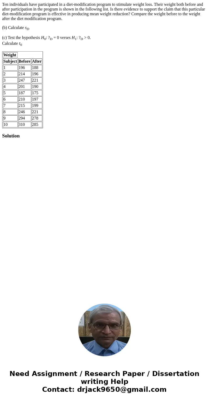 Ten individuals have participated in a diet-modification program to stimulate weight loss. Their weight both before and after participation in the program is sh