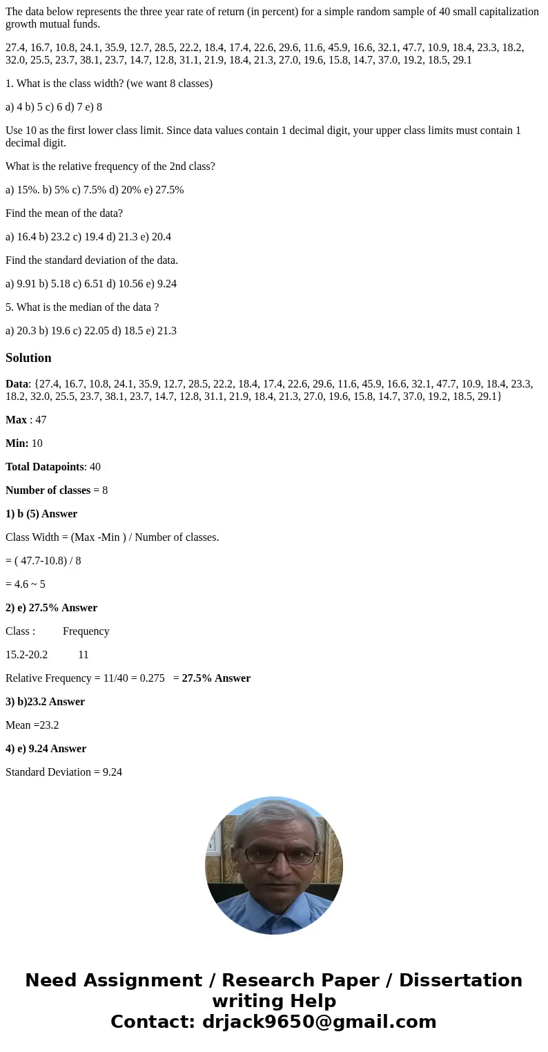 The data below represents the three year rate of return (in percent) for a simple random sample of 40 small capitalization growth mutual funds. 27.4, 16.7, 10.8 The data below represents the three year rate of return (in percent) for a simple random sample of 40 small capitalization growth mutual funds. 27.4, 16.7, 10.8