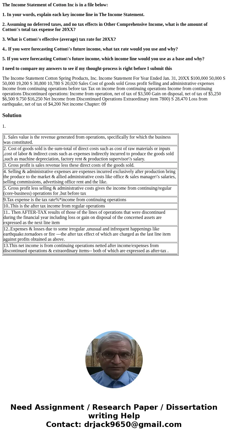 The Income Statement of Cotton Inc is in a file below: 1. In your words, explain each key income line in The Income Statement. 2. Assuming no deferred taxes, an The Income Statement of Cotton Inc is in a file below: 1. In your words, explain each key income line in The Income Statement. 2. Assuming no deferred taxes, an