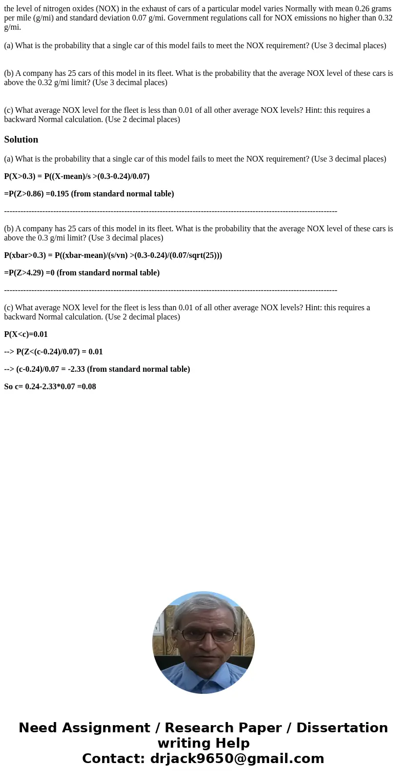 the level of nitrogen oxides (NOX) in the exhaust of cars of a particular model varies Normally with mean 0.26 grams per mile (g/mi) and standard deviation 0.07 the level of nitrogen oxides (NOX) in the exhaust of cars of a particular model varies Normally with mean 0.26 grams per mile (g/mi) and standard deviation 0.07