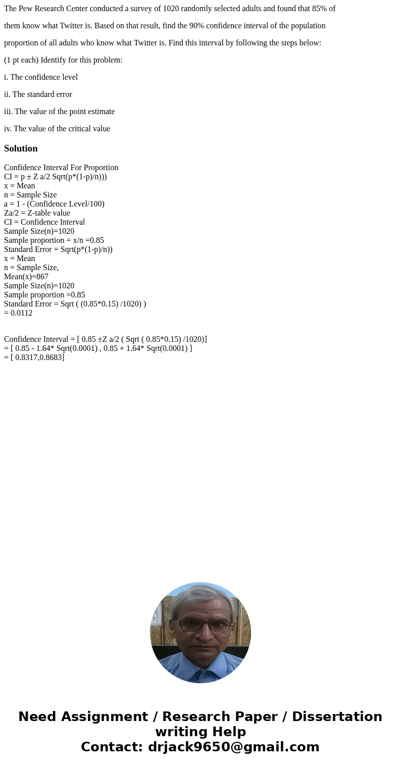 The Pew Research Center conducted a survey of 1020 randomly selected adults and found that 85% of them know what Twitter is. Based on that result, find the 90% 