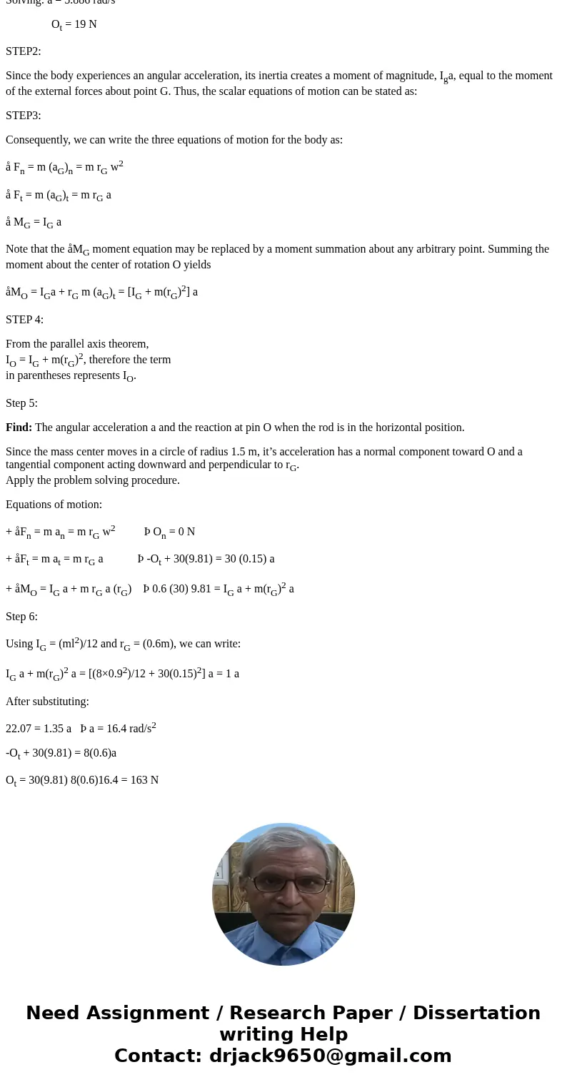 The uniform 30- kg slender rod is being pulled by the cord that passes over the small smooth peg at point A. The moment of Mass inertia of the slender rod abou  The uniform 30- kg slender rod is being pulled by the cord that passes over the small smooth peg at point A. The moment of Mass inertia of the slender rod abou