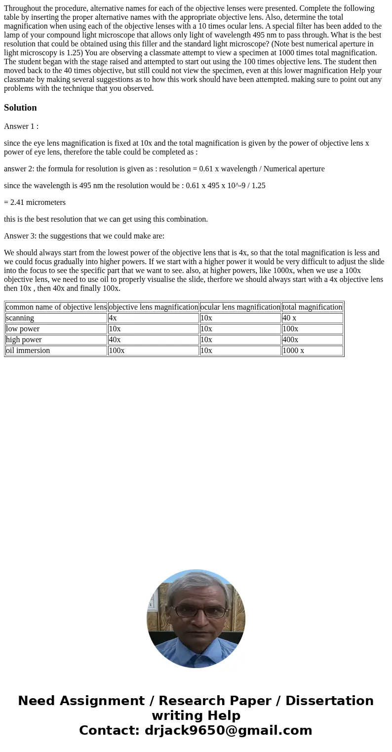  Throughout the procedure, alternative names for each of the objective lenses were presented. Complete the following table by inserting the proper alternative n