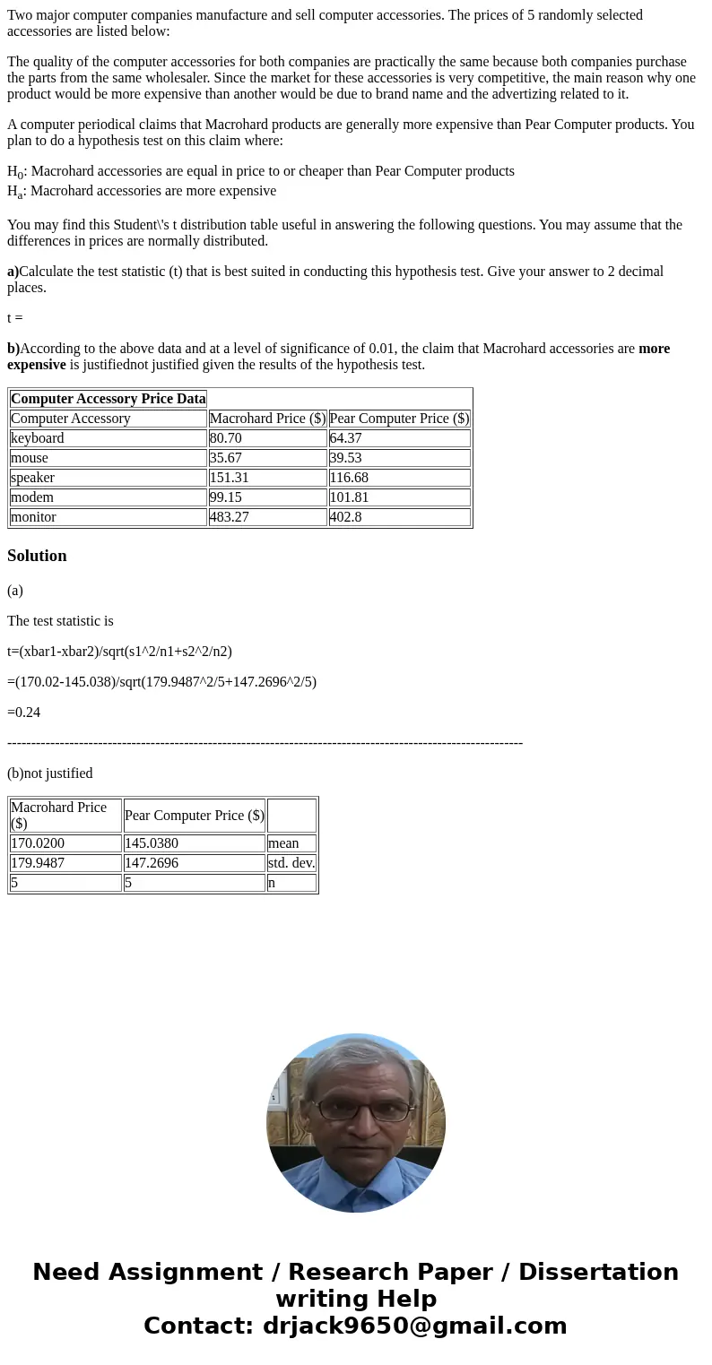 Two major computer companies manufacture and sell computer accessories. The prices of 5 randomly selected accessories are listed below: The quality of the compu