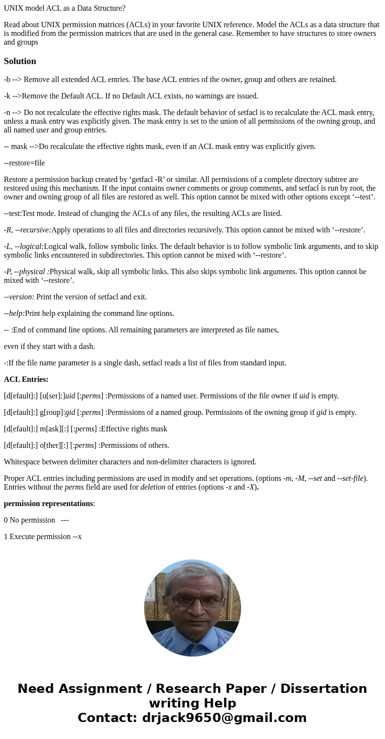 UNIX model ACL as a Data Structure? Read about UNIX permission matrices (ACLs) in your favorite UNIX reference. Model the ACLs as a data structure that is modif UNIX model ACL as a Data Structure? Read about UNIX permission matrices (ACLs) in your favorite UNIX reference. Model the ACLs as a data structure that is modif