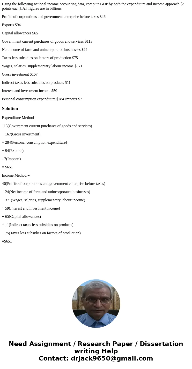 Using the following national income accounting data, compute GDP by both the expenditure and income approach [2 points each]. All figures are in billions. Profi