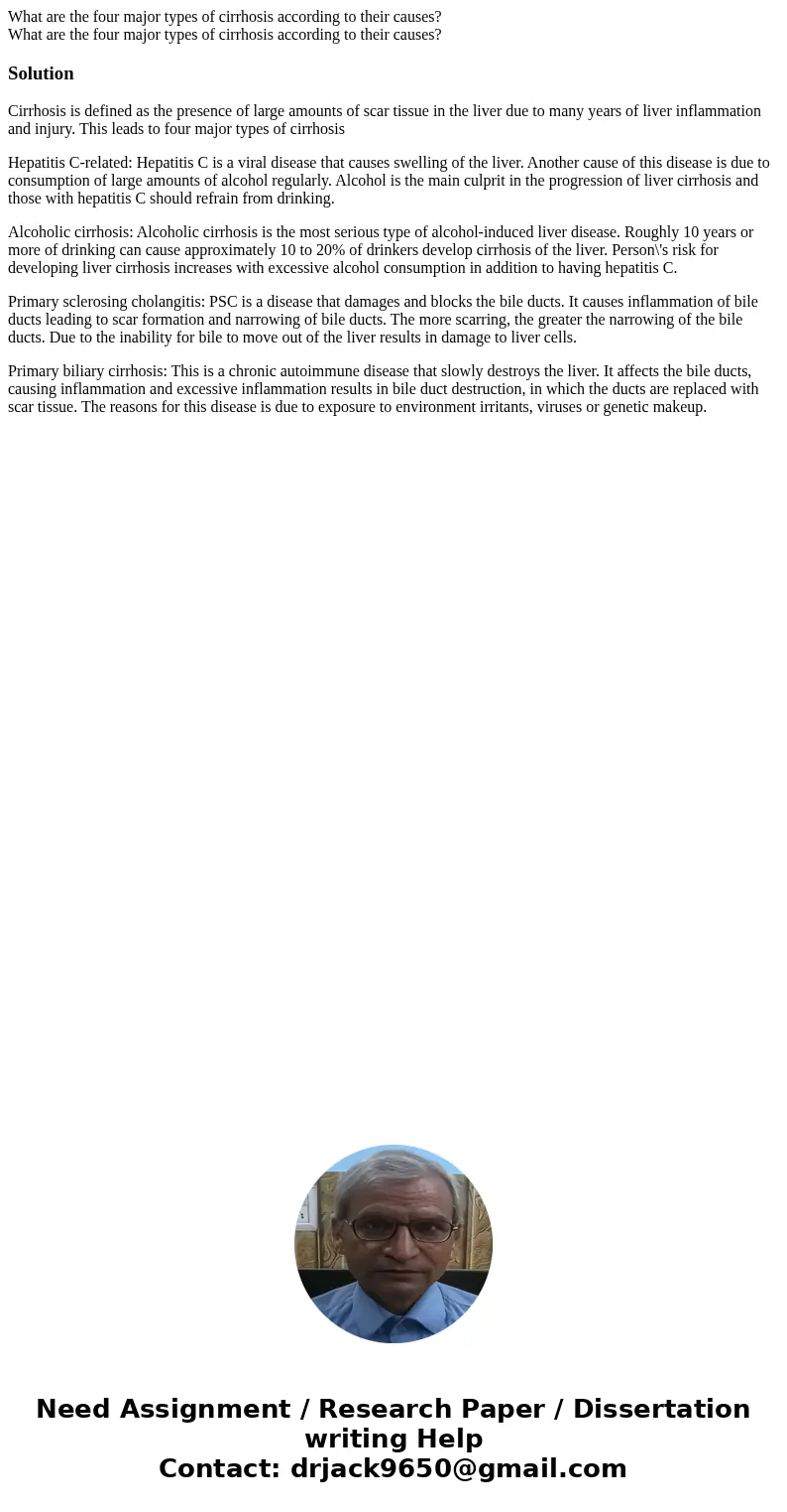  What are the four major types of cirrhosis according to their causes? What are the four major types of cirrhosis according to their causes?SolutionCirrhosis is