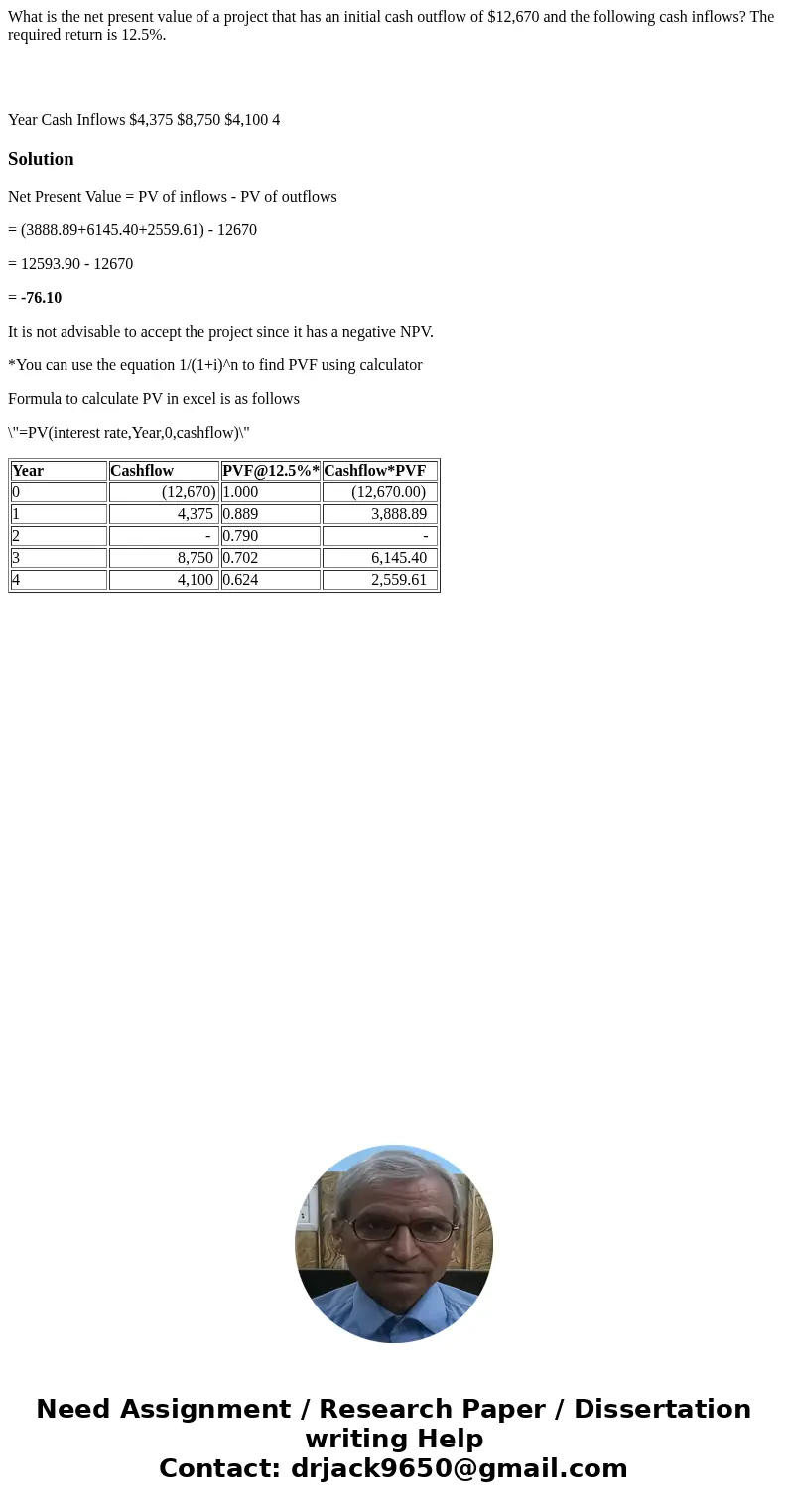 What is the net present value of a project that has an initial cash outflow of $12,670 and the following cash inflows? The required return is 12.5%. Year Cash I What is the net present value of a project that has an initial cash outflow of $12,670 and the following cash inflows? The required return is 12.5%. Year Cash I