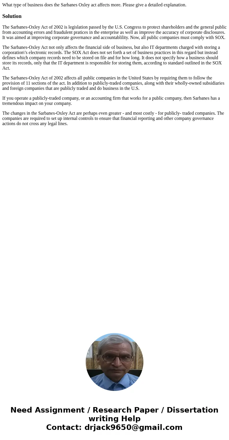 What type of business does the Sarbanes Oxley act affects more. Please give a detailed explanation.SolutionThe Sarbanes-Oxley Act of 2002 is legislation passed 