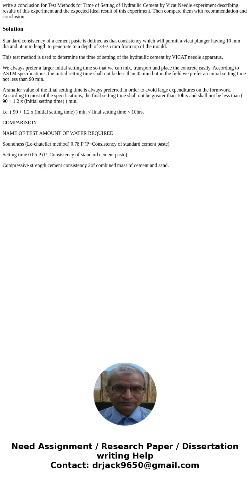 write a conclusion for Test Methods for Time of Setting of Hydraulic Cement by Vicat Needle experiment describing results of this experiment and the expected id write a conclusion for Test Methods for Time of Setting of Hydraulic Cement by Vicat Needle experiment describing results of this experiment and the expected id