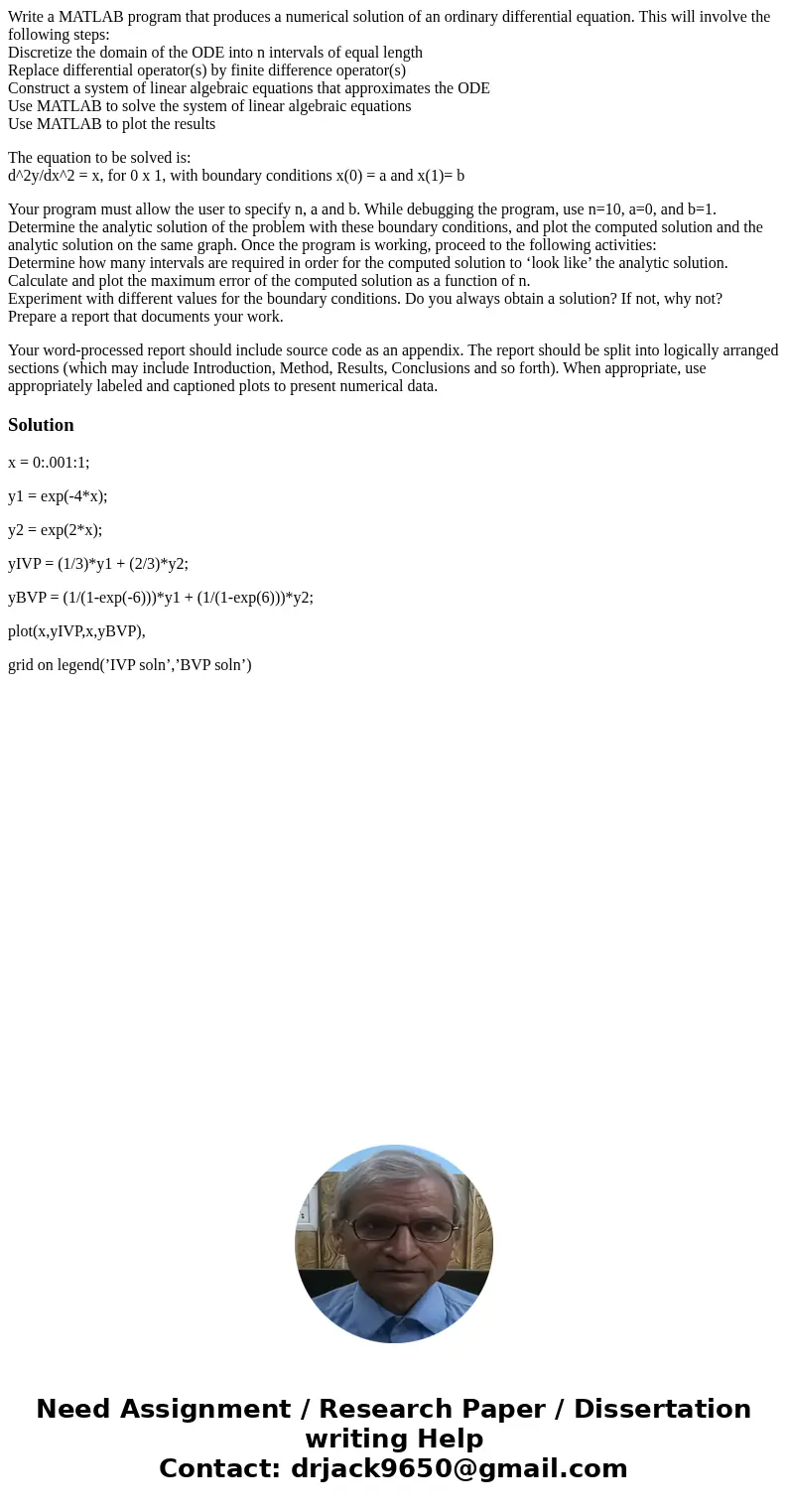 Write a MATLAB program that produces a numerical solution of an ordinary differential equation. This will involve the following steps: Discretize the domain of  Write a MATLAB program that produces a numerical solution of an ordinary differential equation. This will involve the following steps: Discretize the domain of
