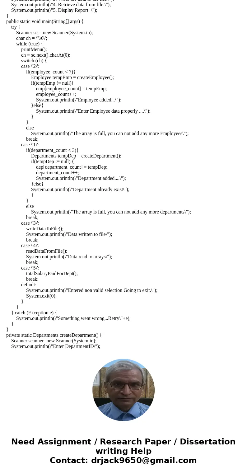 Write a program to allow the user to: 1. Create two classes. Employee and Departments. The Department class will have: DepartmentID, Departmentname, DepartmentH Write a program to allow the user to: 1. Create two classes. Employee and Departments. The Department class will have: DepartmentID, Departmentname, DepartmentH