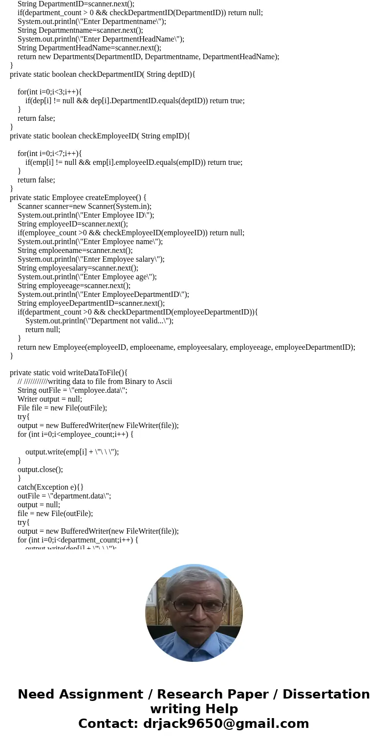 Write a program to allow the user to: 1. Create two classes. Employee and Departments. The Department class will have: DepartmentID, Departmentname, DepartmentH Write a program to allow the user to: 1. Create two classes. Employee and Departments. The Department class will have: DepartmentID, Departmentname, DepartmentH