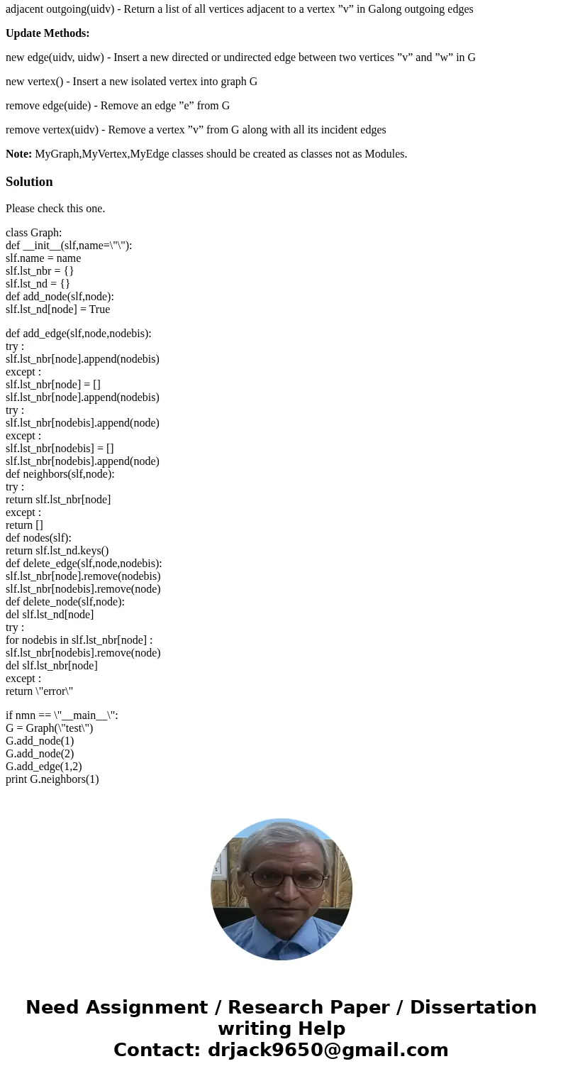write a python program by implementing your own classes for Vertices, Edges and Graphs. create classes MyVertex,MyEdge,MyGraph(directed or un-directed) in the c write a python program by implementing your own classes for Vertices, Edges and Graphs. create classes MyVertex,MyEdge,MyGraph(directed or un-directed) in the c