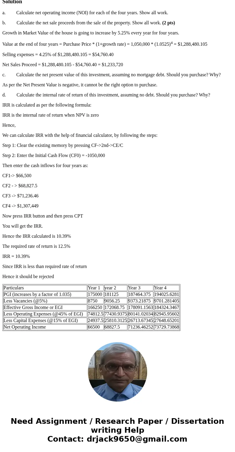 You are considering the purchase of an apartment complex. The following assumptions are made: • The purchase price is $1,050,000. • Potential gross income (PGI)