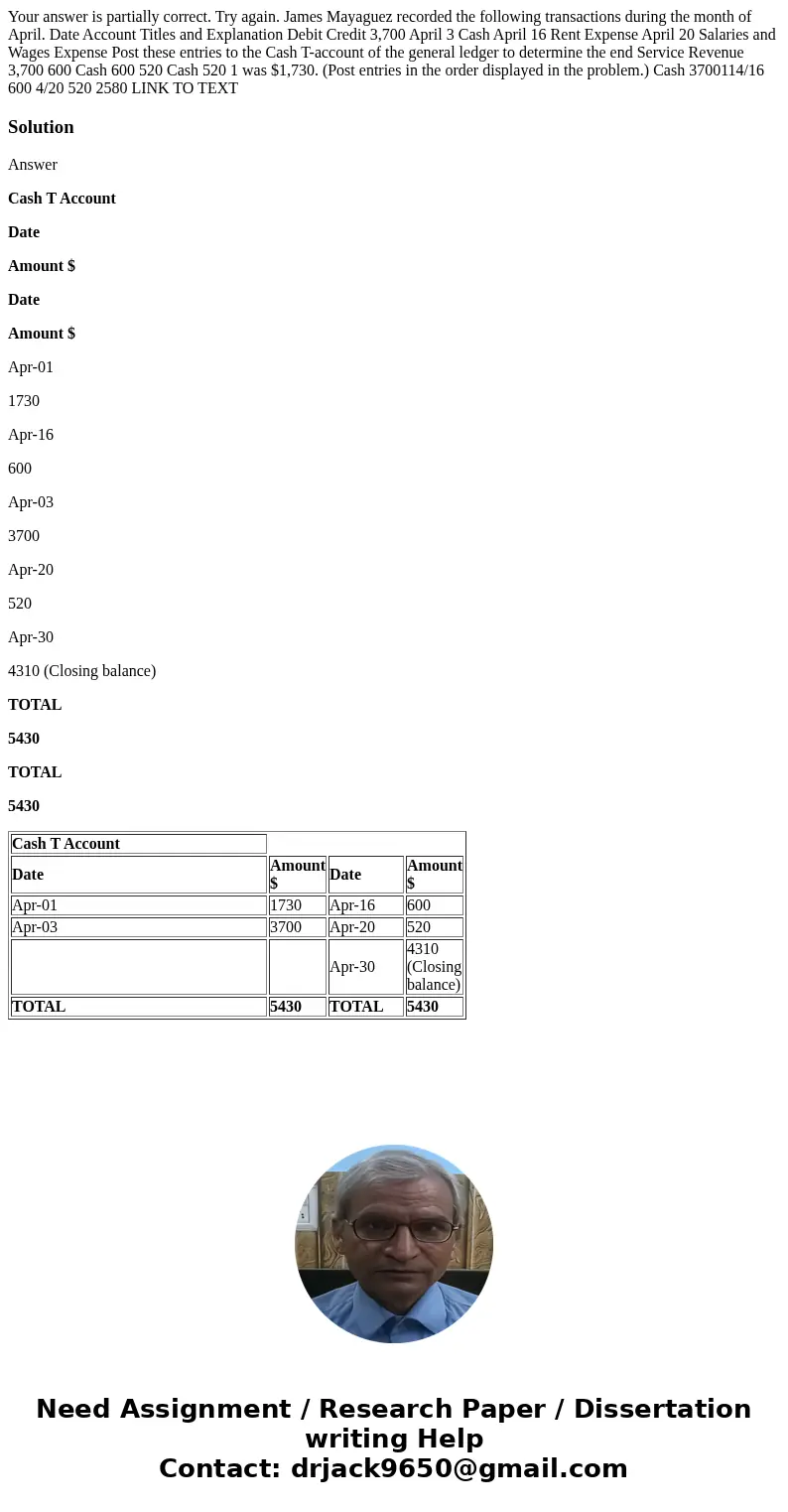  Your answer is partially correct. Try again. James Mayaguez recorded the following transactions during the month of April. Date Account Titles and Explanation 
