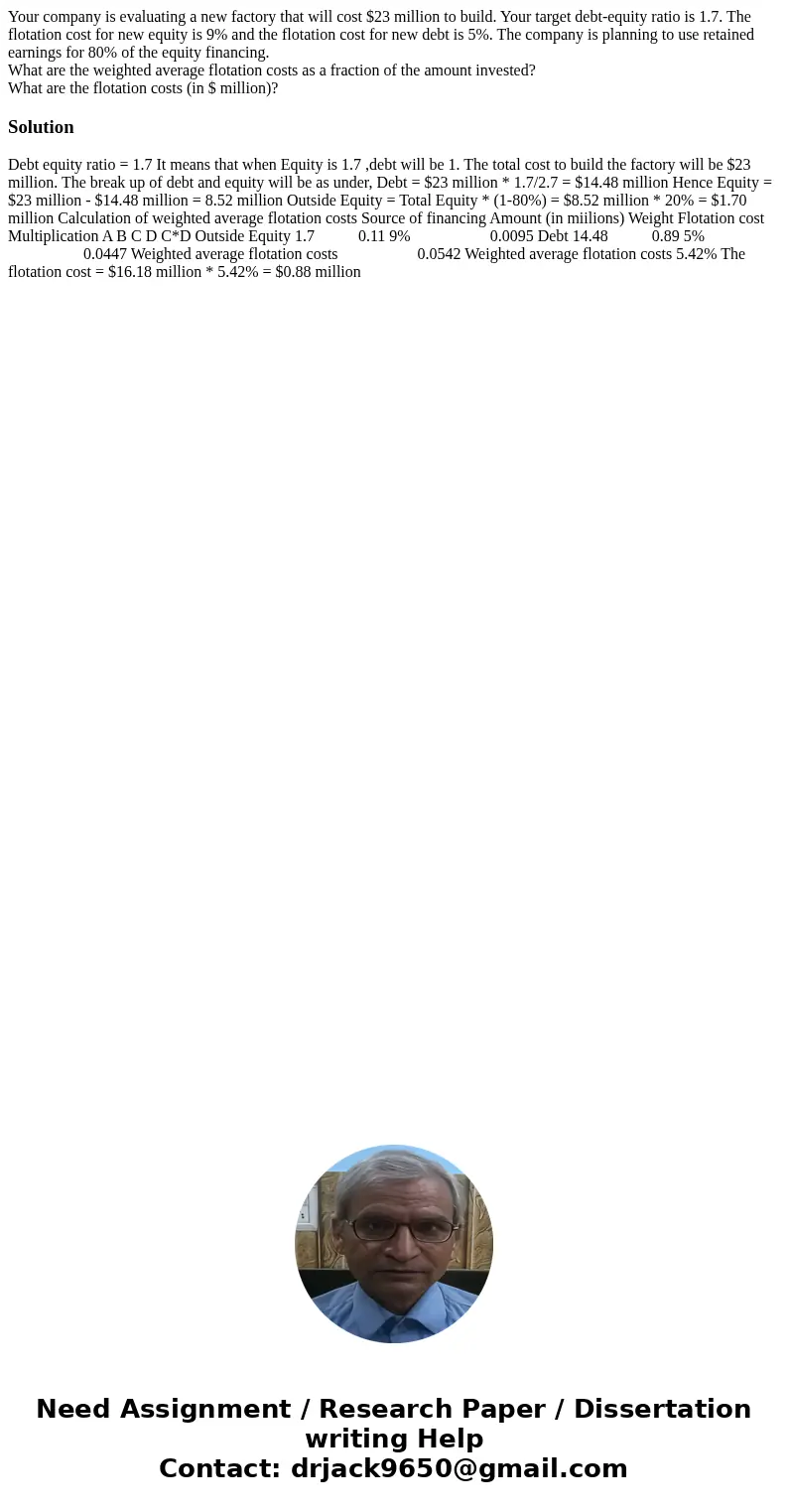 Your company is evaluating a new factory that will cost $23 million to build. Your target debt-equity ratio is 1.7. The flotation cost for new equity is 9% and 