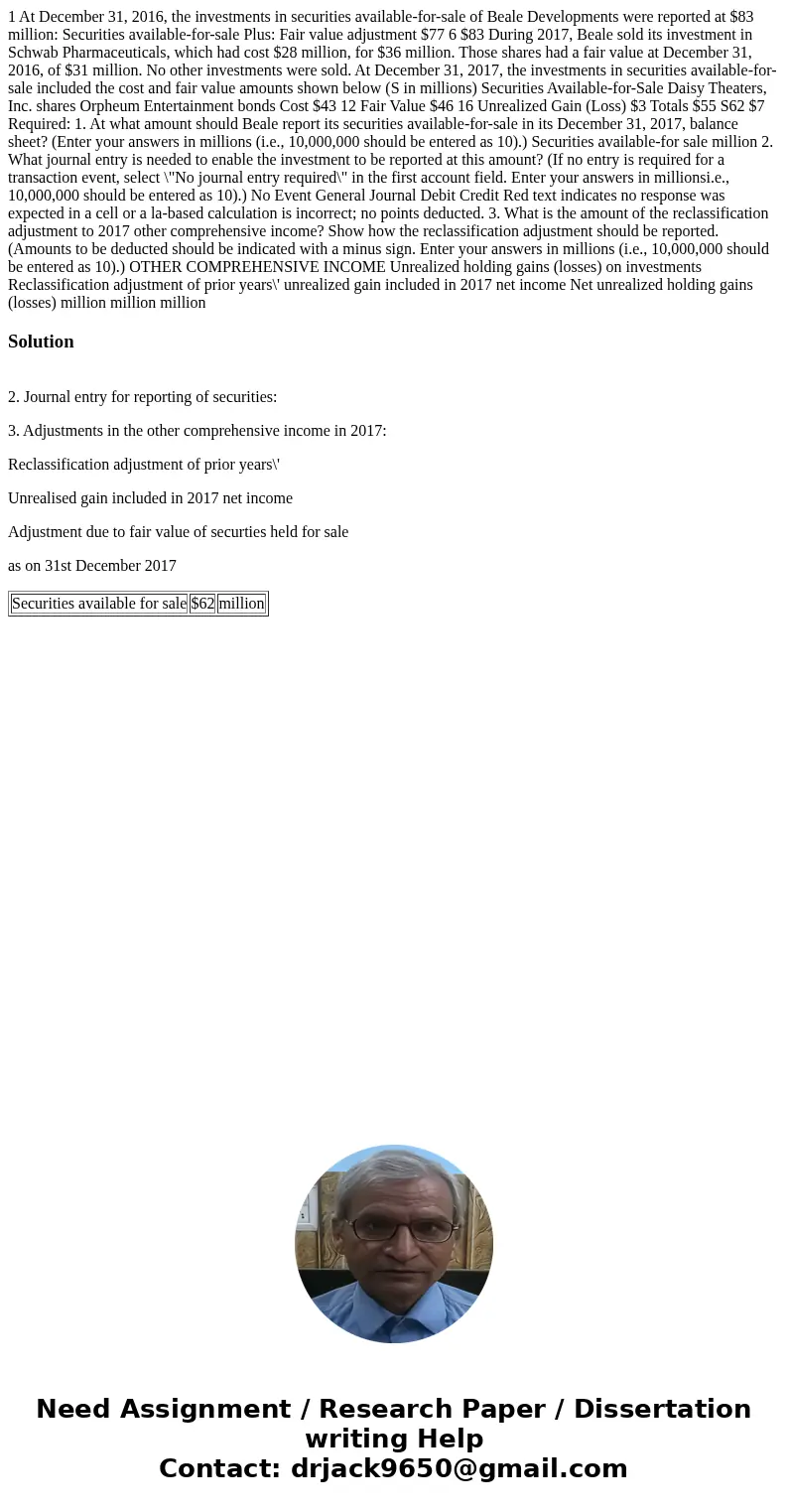 1 At December 31, 2016, the investments in securities available-for-sale of Beale Developments were reported at $83 million: Securities available-for-sale Plus 1 At December 31, 2016, the investments in securities available-for-sale of Beale Developments were reported at $83 million: Securities available-for-sale Plus