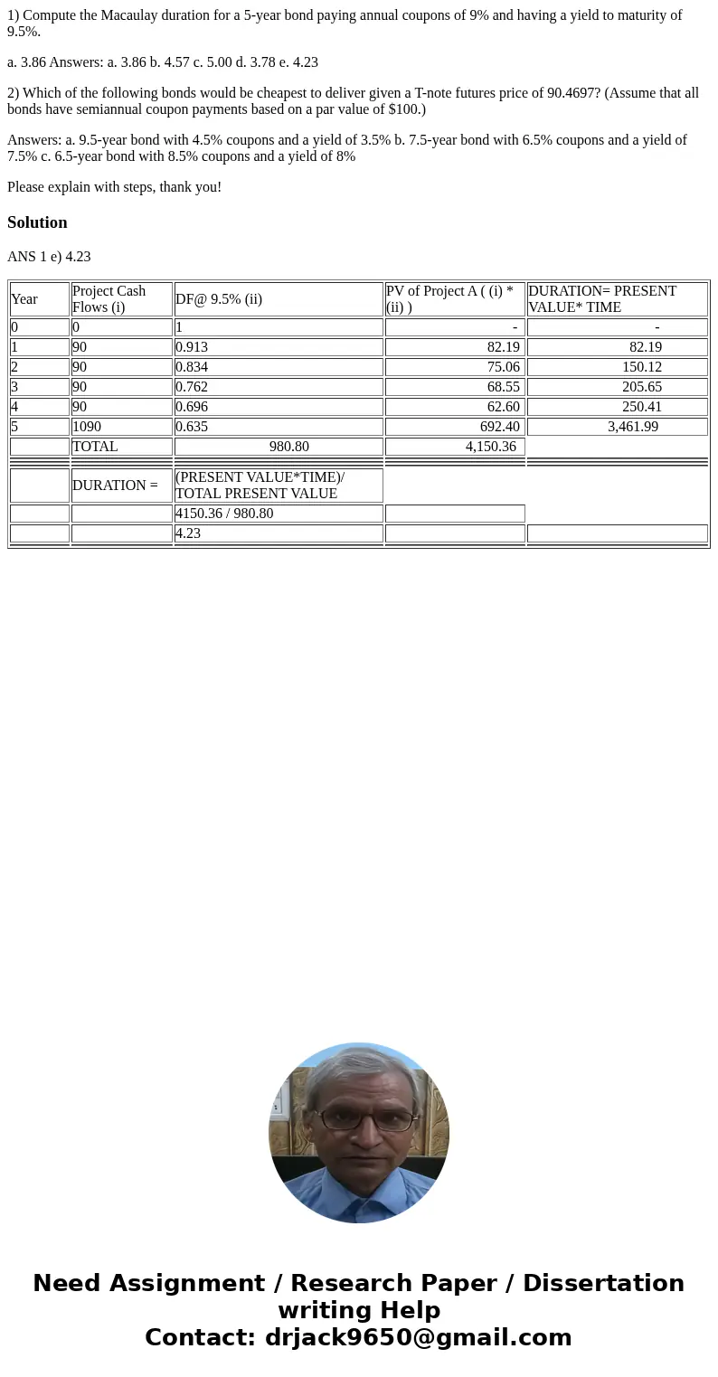 1) Compute the Macaulay duration for a 5-year bond paying annual coupons of 9% and having a yield to maturity of 9.5%. a. 3.86 Answers: a. 3.86 b. 4.57 c. 5.00 