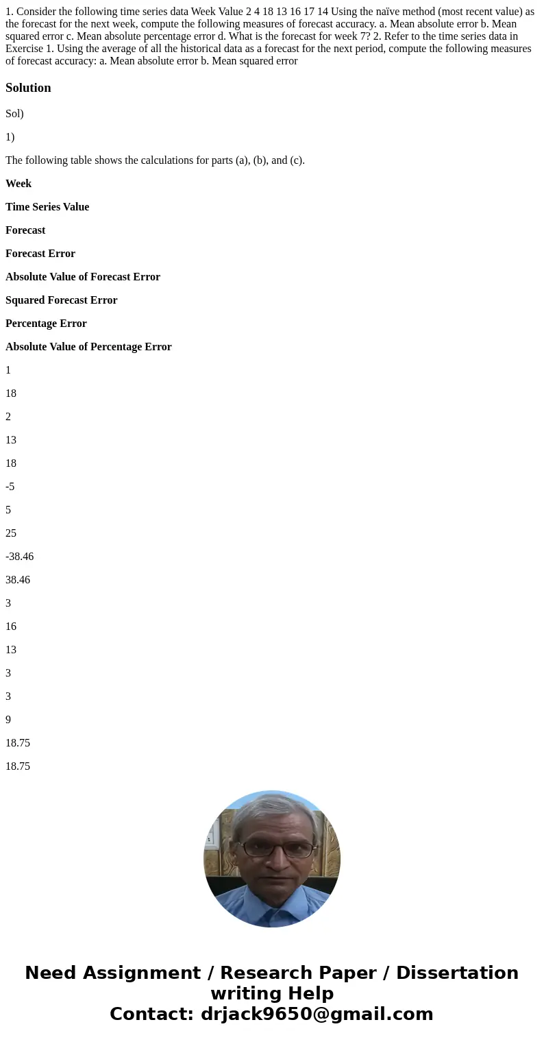 1. Consider the following time series data Week Value 2 4 18 13 16 17 14 Using the naïve method (most recent value) as the forecast for the next week, compute   1. Consider the following time series data Week Value 2 4 18 13 16 17 14 Using the naïve method (most recent value) as the forecast for the next week, compute