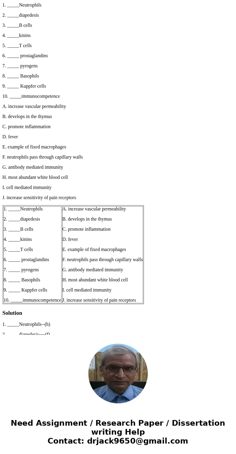 1. _____Neutrophils 2. _____diapedesis 3. _____B cells 4. _____kinins 5. _____T cells 6. _____ prostaglandins 7. _____ pyrogens 8. _____ Basophils 9. _____ Kupp 1. _____Neutrophils 2. _____diapedesis 3. _____B cells 4. _____kinins 5. _____T cells 6. _____ prostaglandins 7. _____ pyrogens 8. _____ Basophils 9. _____ Kupp