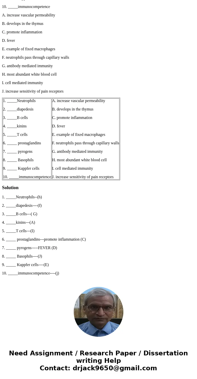 1. _____Neutrophils 2. _____diapedesis 3. _____B cells 4. _____kinins 5. _____T cells 6. _____ prostaglandins 7. _____ pyrogens 8. _____ Basophils 9. _____ Kupp 1. _____Neutrophils 2. _____diapedesis 3. _____B cells 4. _____kinins 5. _____T cells 6. _____ prostaglandins 7. _____ pyrogens 8. _____ Basophils 9. _____ Kupp